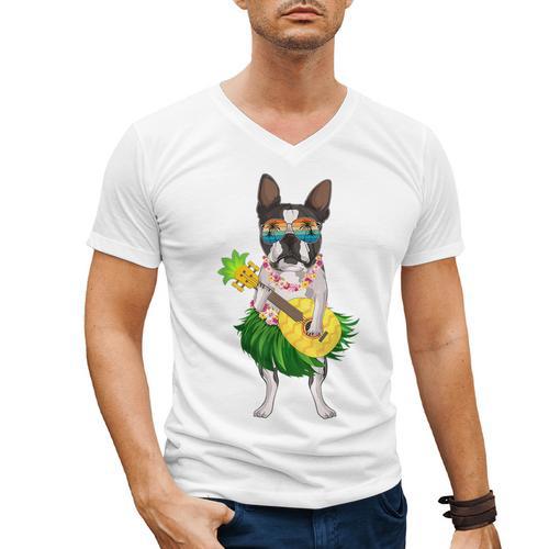 Hawaiian Boston Terrier Dog Pineapple Ukulele Summer For Men Women Girls Kids Men's V-Neck T-Shirt - Bostonterriersmerch.com