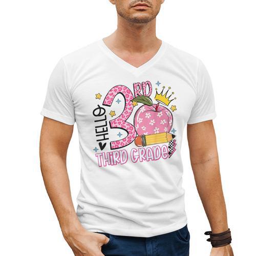 Hello 3rd Third Grade Back To School Pink Leopard Teacher Men's V-Neck T-Shirt - teacherstshirts.com UK