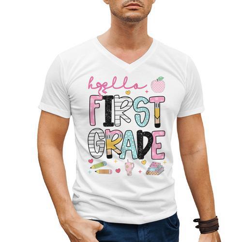 Hello First Grade Teacher Coquette Pencil Bow Back To School Men's V-Neck T-Shirt - teacherstshirts.com UK