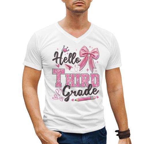 Hello Third Grade First Day Of School Coquette Teacher Girl Men's V-Neck T-Shirt - teacherstshirts.com UK
