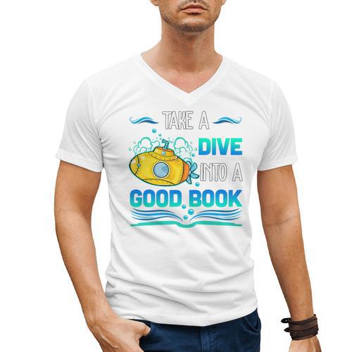Librarian Teacher Dive Into A Good Book Reading Premium Tri-Blend Men's V-Neck T-Shirt - teacherstshirts.com UK