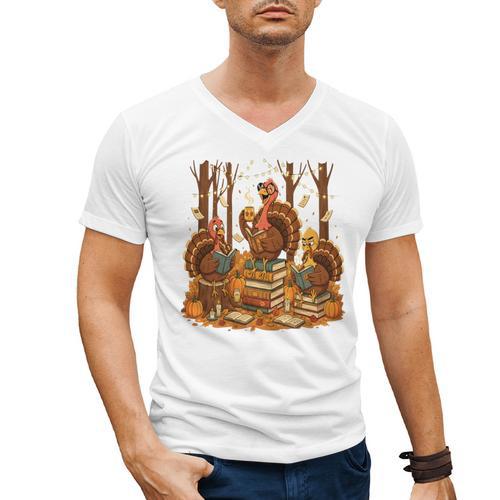 Librarian Turkey Reading Book Fall Thanksgiving Teacher Book Men's V-Neck T-Shirt - teacherstshirts.com UK