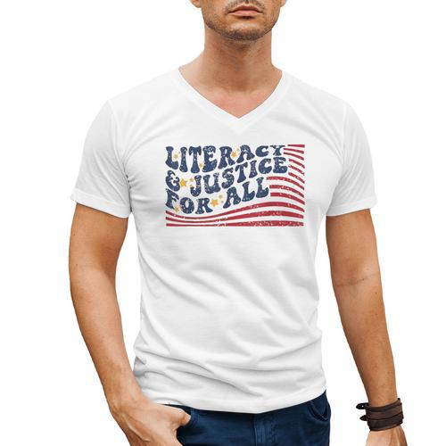 Literacy Justice For All Teacher Men's V-Neck T-Shirt - teacherstshirts.com UK