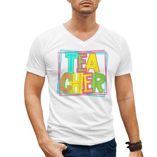Neon Retro Teacher Cute Teacher Team New Teacher Back To Sch Men's V-Neck T-Shirt - teacherstshirts.com