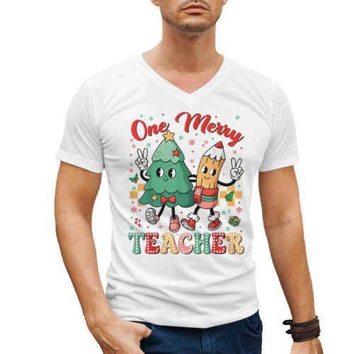 One Merry Teacher Groovy Christmas Tree Pjs Xmas Teacher Men's V-Neck T-Shirt - teacherstshirts.com CA