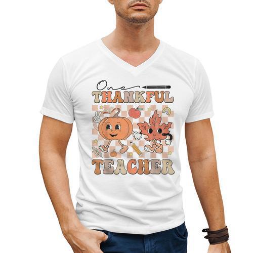 One Thankful Teacher Thanksgiving Groovy Fall Autumn Teacher Men's V-Neck T-Shirt - teacherstshirts.com CA