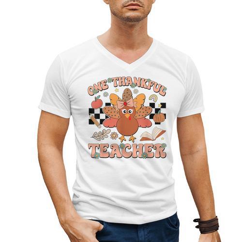 One Thankful Teacher Thanksgiving Retro Groovy Fall Teachers Men's V-Neck T-Shirt - teacherstshirts.com CA