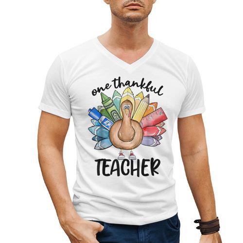 One Thankful Teacher Turkey Pencil Thanksgiving Teachers Men's V-Neck T-Shirt - teacherstshirts.com AU