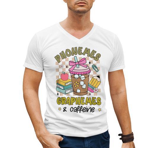 Phonemes Graphemes Caffeine Back To School Reading Teacher Men's V-Neck T-Shirt - teacherstshirts.com AU