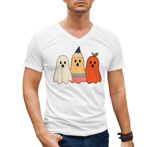Retro Pencil Ghost Boo Spooky Teacher Halloween Costume Men's V-Neck T-Shirt - teacherstshirts.com CA