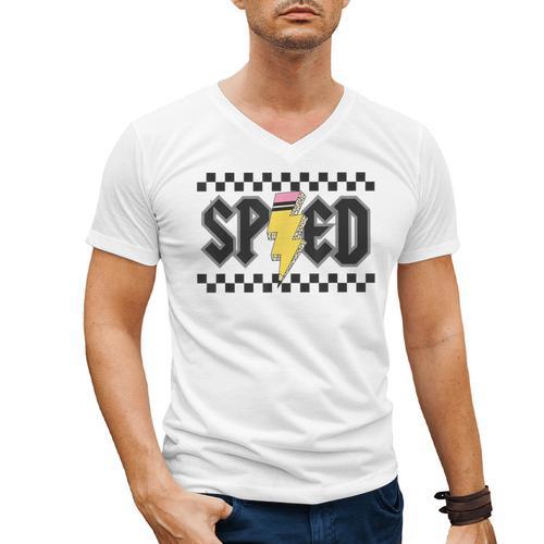 Retro SPED Teacher Pencil Lightning Bolt Back To School Men's V-Neck T-Shirt - teacherstshirts.com DE