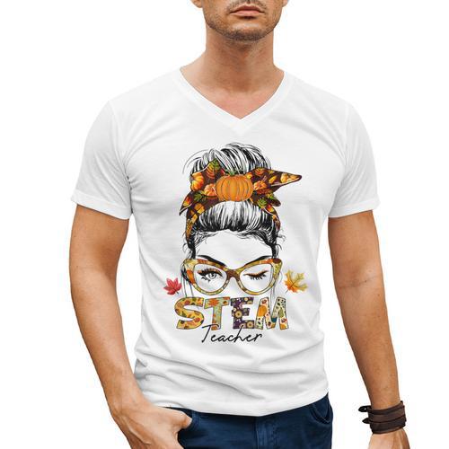 STEM Teacher Messy Bun Fall Vibes Autumn Thanksgiving Men Women Men's V-Neck T-Shirt - teacherstshirts.com