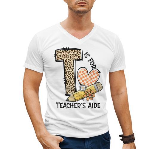 T Is For Teacher’s Aide Back To First Day Of School Leopard Men Women Girls Kids Men's V-Neck T-Shirt - teacherstshirts.com
