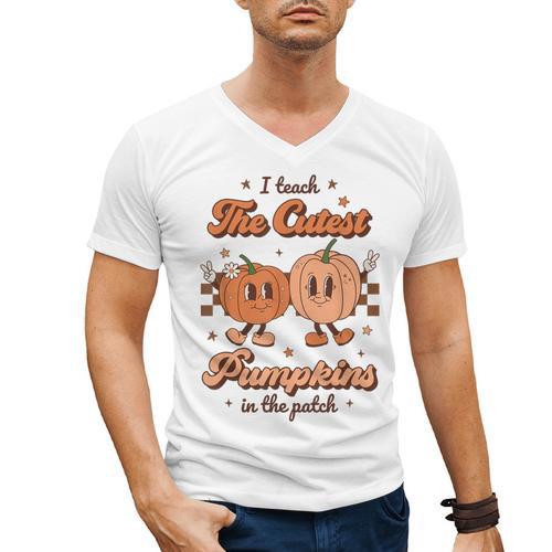 I Teach The Cutest Pumpkins In The Patch Retro Teacher Fall Men's V-Neck T-Shirt - teacherstshirts.com UK