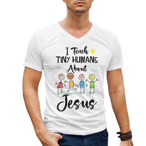 I Teach Tiny Humans About Jesus Sunday School Teacher Men's V-Neck T-Shirt - teacherstshirts.com DE