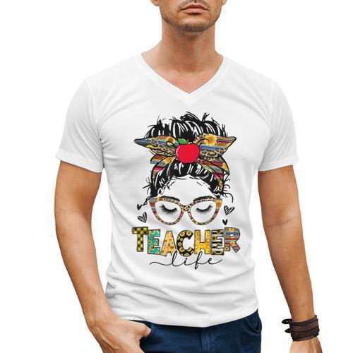 Teacher Life Messy Bun Glasses Leopard Sunflower Men's V-Neck T-Shirt - teacherstshirts.com DE
