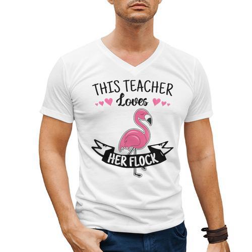 This Teacher Loves Her Flock Cute Flamingo Teacher Men's V-Neck T-Shirt - teacherstshirts.com AU