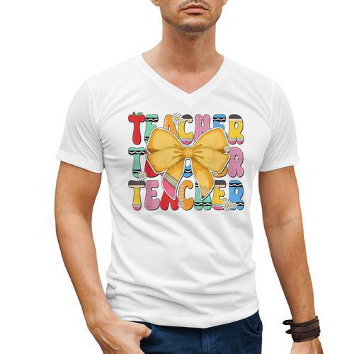 Teacher Pencil Coquette Bow Back To School Teacher Men's V-Neck T-Shirt - teacherstshirts.com CA