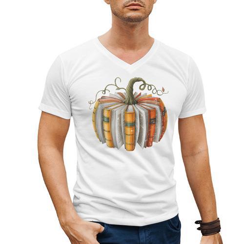 Teachers Students Fall Book Pumpkin Fall Librarians Bookworm Men's V-Neck T-Shirt - teacherstshirts.com AU