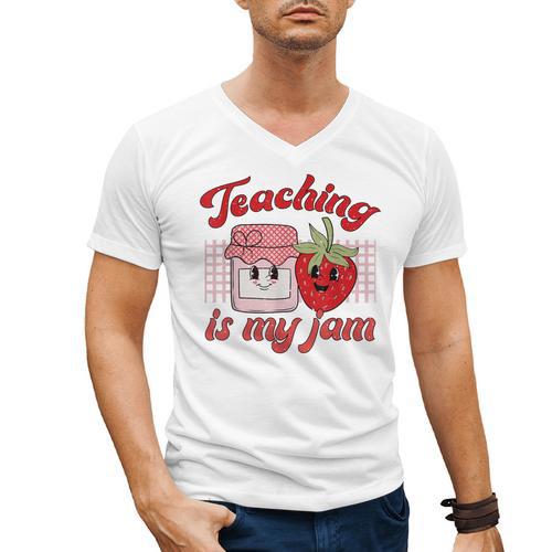 Teaching Is My Jam Cute Strawberry For Women Teachers Men's V-Neck T-Shirt - teacherstshirts.com CA