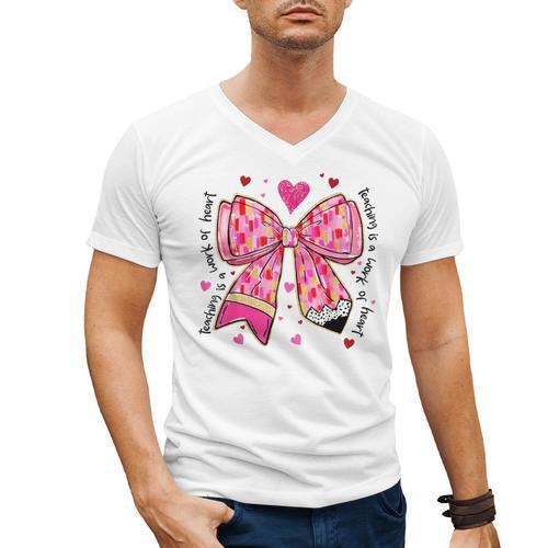 Teaching Is A Work Of Heart Pencil Bow Teacher Valentine Men's V-Neck T-Shirt - teacherstshirts.com UK