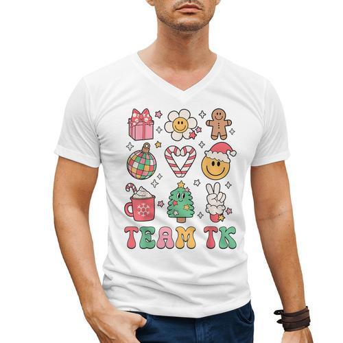 Team TK Teacher Christmas Groovy Smile Face Girl Boy Kid TK Men's V-Neck T-Shirt - teacherstshirts.com