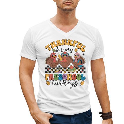 Thankful For My Preschool Turkeys Thanksgiving Teacher Fall Men's V-Neck T-Shirt - teacherstshirts.com AU