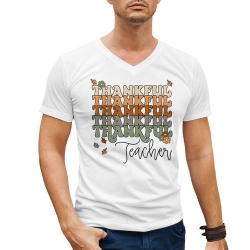 Thankful Teacher Thanksgiving Fall Pumpkin Turkey Men's V-Neck T-Shirt - teacherstshirts.com DE