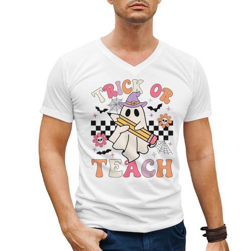 Trick Or Teach Groovy Teacher Halloween Retro Floral Ghost Men's V-Neck T-Shirt - teacherstshirts.com