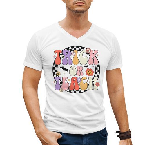 Trick Or Teach Retro Groovy Halloween Teacher Men's V-Neck T-Shirt - teacherstshirts.com