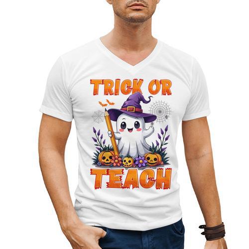 Trick Or Teach Teacher Halloween Ghost Pencil Floral Men's V-Neck T-Shirt - teacherstshirts.com UK