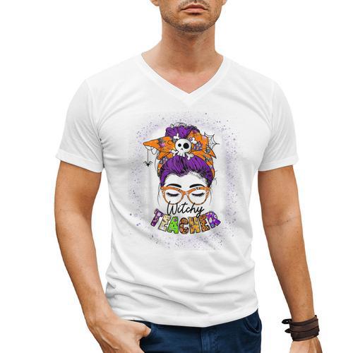Witchy Teacher Halloween Messy Bun Teacher Bleached Men's V-Neck T-Shirt - teacherstshirts.com DE