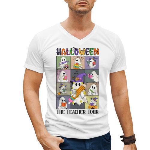 Women Halloween The Teacher Tour Ghosts Pencil Pumpkins Men's V-Neck T-Shirt - teacherstshirts.com DE