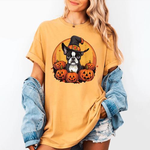 Boston Terrier Bostie Dog Breed Pet Halloween Pumpkins Women's Comfort Colors T-Shirt - Bostonterriersmerch.com