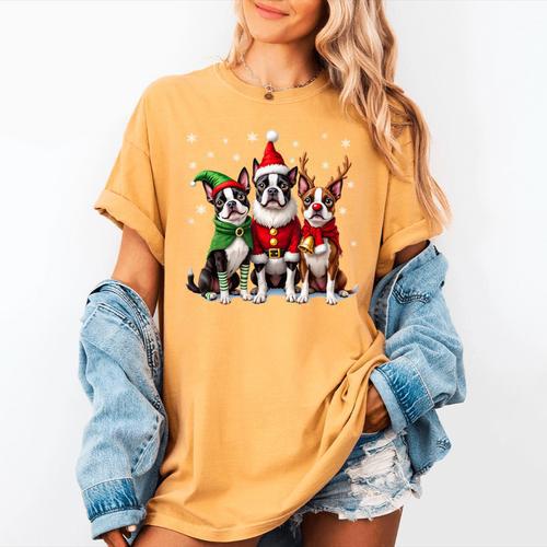Boston Terrier Christmas Dogs Santa Reindeer Elf Women's Comfort Colors T-Shirt - Bostonterriersmerch.com