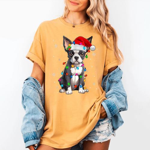 Boston Terrier Christmas Santa Hat Tree Lights Pajama Women's Comfort Colors T-Shirt - Bostonterriersmerch.com