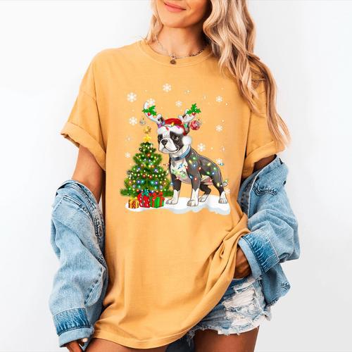 Boston Terrier Christmas Tree Lights Santa Hat Women's Comfort Colors T-Shirt - Bostonterriersmerch.com