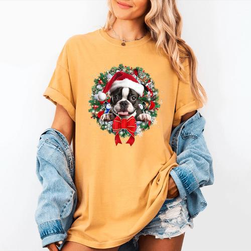 Boston Terrier Christmas Wreath Decoration Xmas Pajamas Women's Comfort Colors T-Shirt - Bostonterriersmerch.com