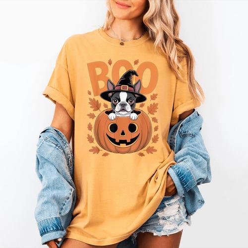 Boston Terrier Costume On Pumpkin Halloween Boston Terrier Women's Comfort Colors T-Shirt - Bostonterriersmerch.com