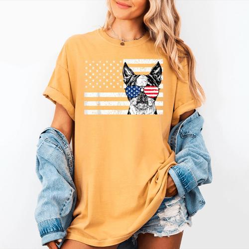 Boston Terrier Dog 4th Of July US American Flag Patriotic Women's Comfort Colors T-Shirt - Bostonterriersmerch.com