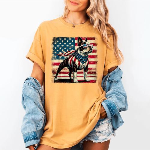 Boston Terrier Dog 4th Of July USA American Flag Patriotic Women's Comfort Colors T-Shirt - Bostonterriersmerch.com