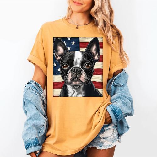 Boston Terrier Dog American Flag 4th Of July Patriotic Puppy Women's Comfort Colors T-Shirt - Bostonterriersmerch.com