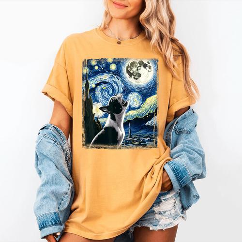 Boston Terrier Dog Art Van Gogh Starry Night Boston Terrier Women's Comfort Colors T-Shirt - Bostonterriersmerch.com