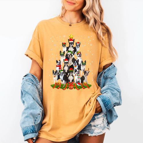 Boston Terrier Dog Christmas Tree Santa Hat Xmas Pajama Men Women Kids Women's Comfort Colors T-Shirt - Bostonterriersmerch.com