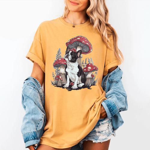 Boston Terrier Dog Cottagecore Aesthetic Mushroom Hat Women's Comfort Colors T-Shirt - Bostonterriersmerch.com