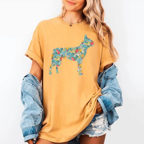 Boston Terrier Flower Silhouette Floral Dog Men Women Girls Kids Women's Comfort Colors T-Shirt - Bostonterriersmerch.com