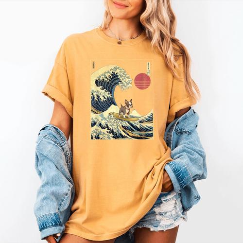 Boston Terrier Japanese Kanagawa Wave Surf Dog Women's Comfort Colors T-Shirt - Bostonterriersmerch.com