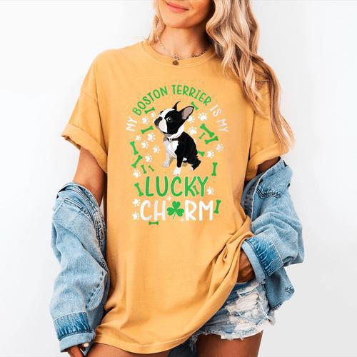 My Boston Terrier Is My Lucky Charm Paw Dog St Patrick's Day Women's Comfort Colors T-Shirt - Bostonterriersmerch.com