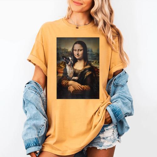 Boston Terrier Mona Lisa Painting Art Dog Mom Dad For Men Women Kids Women's Comfort Colors T-Shirt - Bostonterriersmerch.com