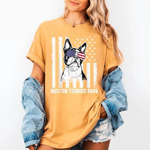 Boston Terrier Papa Cool Dog Lover USA American Flag Men Women Women's Comfort Colors T-Shirt - Bostonterriersmerch.com